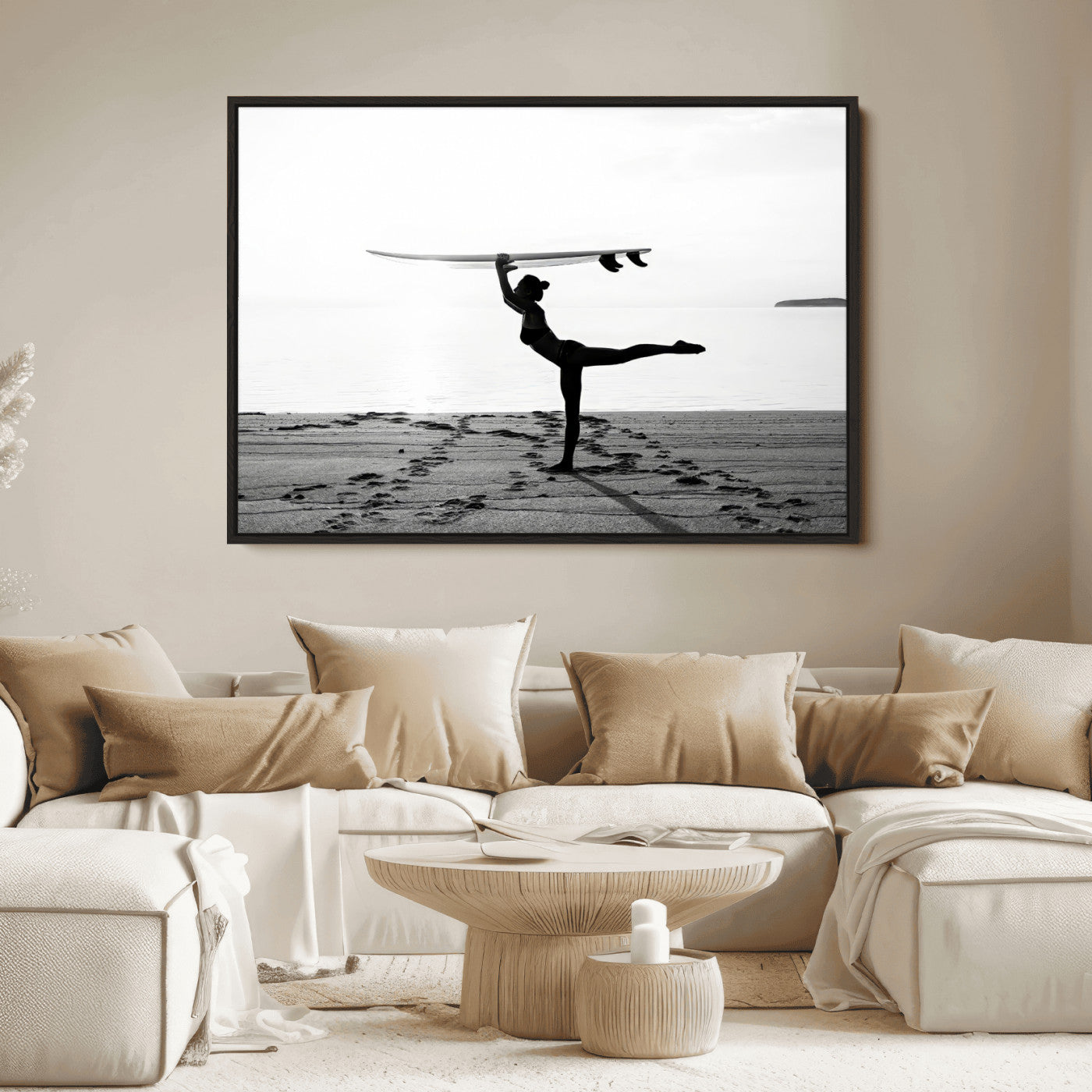 28441356-MGV-FC-36X24_Black-Yoga Surf Wall Art Canvas Print, Framed Black White Shore Art Picture Print, Peaceful Ocean Perfect Minimalist Coastal Decor