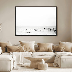 38441169-MGV-FC-36X24_Black-Monochrome Swimming Wall Art Canvas Print, Framed Ocean Horizon Art Picture Print, Moody Coastal Perfect Minimalist Coastal Decor