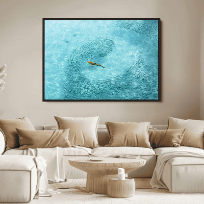 43671474-MGV-FC-36X24_Black-Fish Swarm Wall Art Canvas Print, Framed Marine Life Art Picture Print, Shark Aerial Perfect Wildlife Coastal Decor Artwork