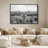 24051061-MGV-FC-36X24_Black-Monochrome Highland Cow Wall Art Canvas Print, Framed Scottish Bull Art Picture Print, Lone Cattle Perfect Rustic Farmhouse Decor