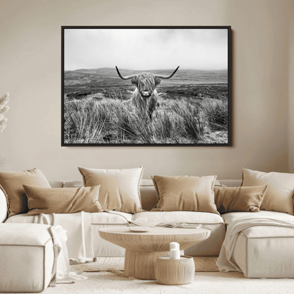 24051061-MGV-FC-36X24_Black-Monochrome Highland Cow Wall Art Canvas Print, Framed Scottish Bull Art Picture Print, Lone Cattle Perfect Rustic Farmhouse Decor