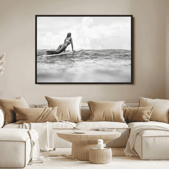 69798068-MGV-FC-36X24_Black-Black White Surfing Wall Art Canvas Print, Framed Ocean Horizon Art Picture Print, Surfer Girl Perfect Coastal Adventure Decor