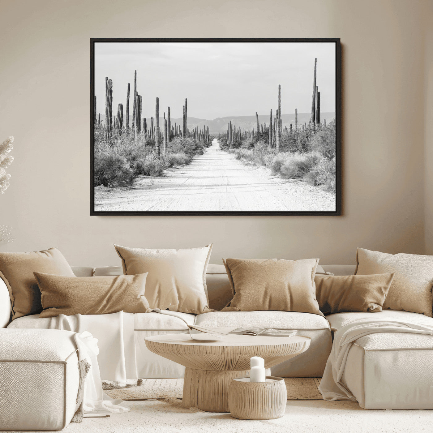 35537313-MGV-FC-36X24_Black-Monochrome Desert Wall Art Canvas Print, Framed Cactus Path Art Picture Print, Southwestern Landscape Perfect Southwestern