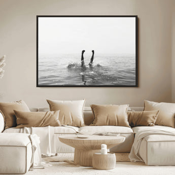 26667396-MGV-FC-36X24_Black-Black White Ocean Wall Art Canvas Print, Framed Monochrome Water Art Picture Print, Diving into Water Perfect Minimalist Aquatic