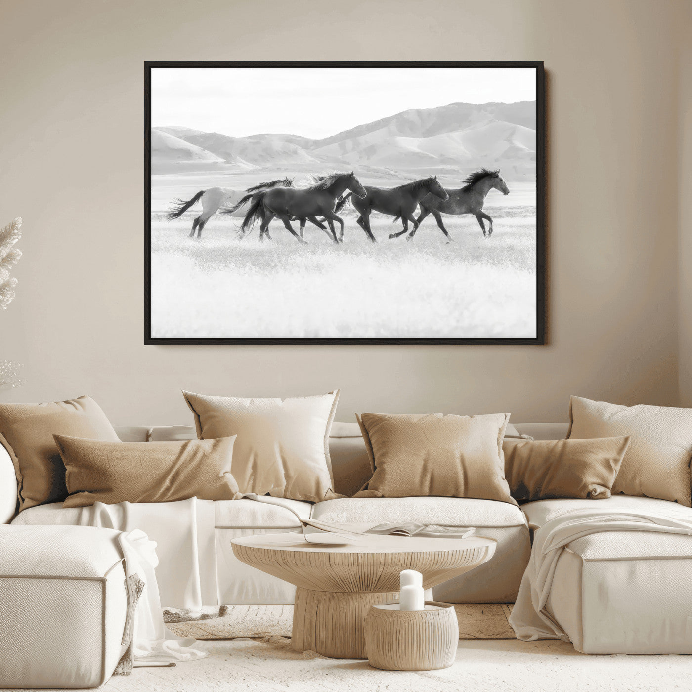69934913-MGV-FC-36X24_Black-Wild Horses Running Wall Art Canvas Print, Framed Black White Mustangs Art Picture Print, Rustic Western Perfect Rustic Western