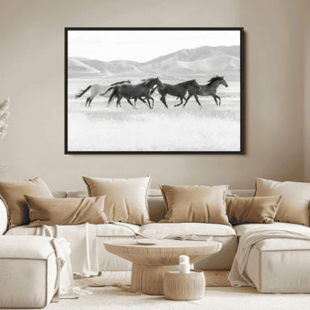 69934913-MGV-FC-36X24_Black-Wild Horses Running Wall Art Canvas Print, Framed Black White Mustangs Art Picture Print, Rustic Western Perfect Rustic Western