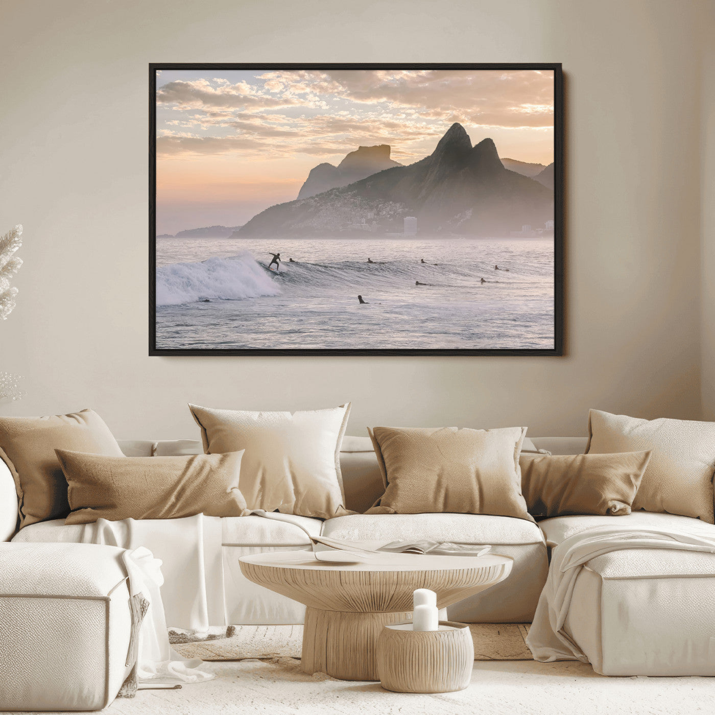 70644906-MGV-FC-36X24_Black-Sunset Surfing Wall Art Canvas Print, Framed Misty Mountains Art Picture Print, Surfer Riding Wave Perfect Coastal Adventure Decor