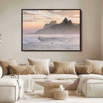 70644906-MGV-FC-36X24_Black-Sunset Surfing Wall Art Canvas Print, Framed Misty Mountains Art Picture Print, Surfer Riding Wave Perfect Coastal Adventure Decor