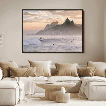70644906-MGV-FC-36X24_Black-Sunset Surfing Wall Art Canvas Print, Framed Misty Mountains Art Picture Print, Surfer Riding Wave Perfect Coastal Adventure Decor