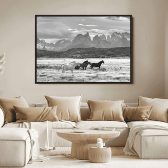 21655040-MGV-FC-36X24_Black-Wild Horses Wall Art Canvas Print, Framed Black White Mountains Art Picture Print, Rustic Countryside Perfect Rustic Western Decor
