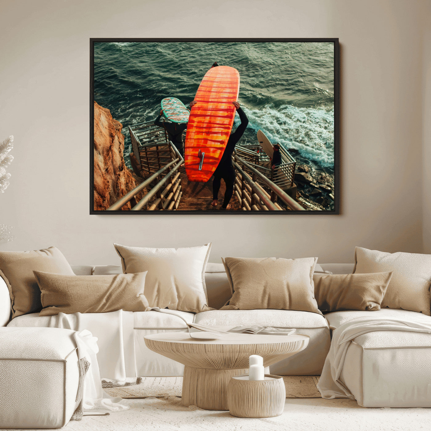 84555848-MGV-FC-36X24_Black-Surfer Stairway Wall Art Canvas Print, Framed Ocean Surf Art Picture Print, Sunset Coastal Perfect Coastal Adventure Decor Artwork