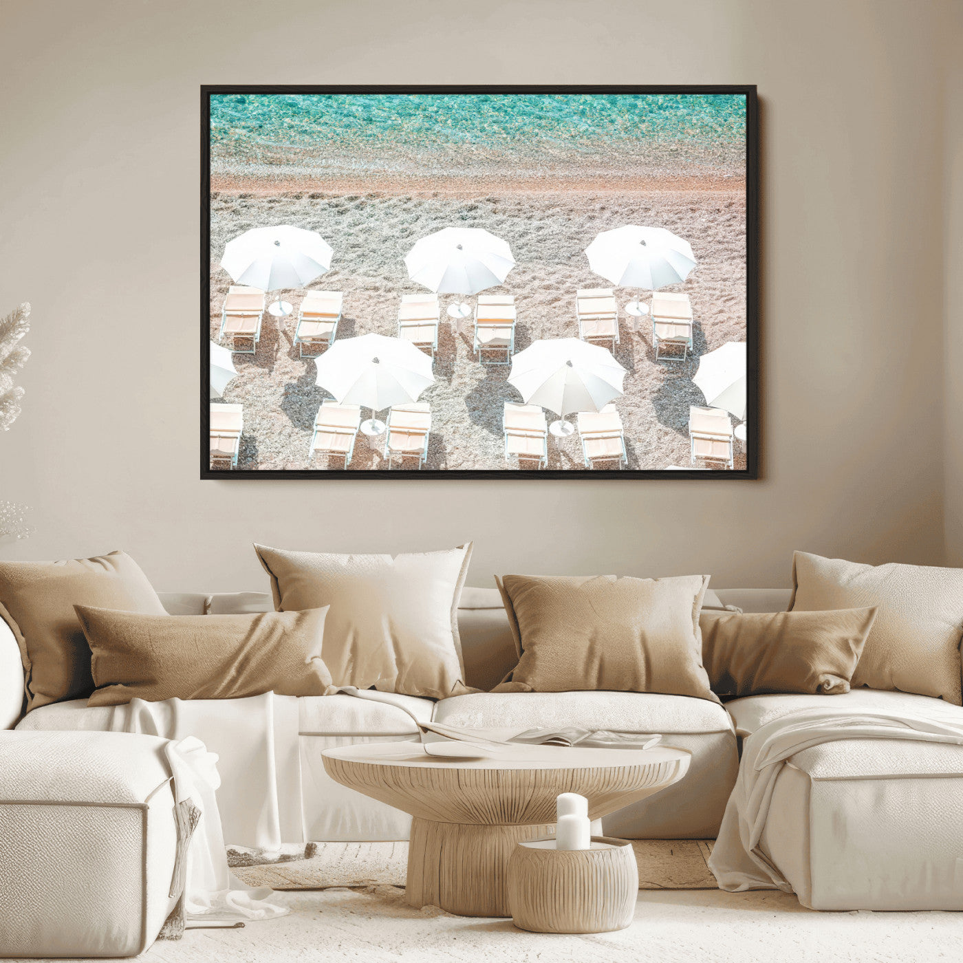 83736167-MGV-FC-36X24_Black-Calm Beach Wall Art Canvas Print, Framed Turquoise Water Art Picture Print, Umbrella Shoreline Perfect Coastal Minimalist Decor