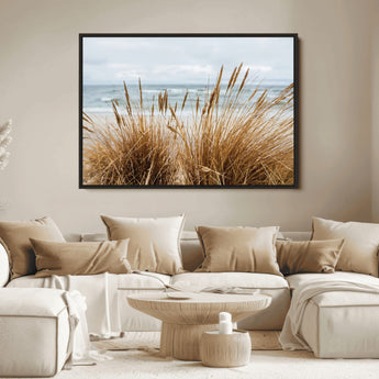 14270839-MGV-FC-36X24_Black-Beach Grass Wall Art Canvas Print, Framed Coastal Dunes Art Picture Print, Dune Grass Perfect Coastal Minimalist Decor Artwork