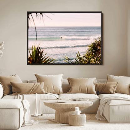 23287092-MGV-FC-36X24_Black-Ocean Surfer Wall Art Canvas Print, Framed Coastal Surf Art Picture Print, Tropical Beach Perfect Tropical Coastal Decor Artwork