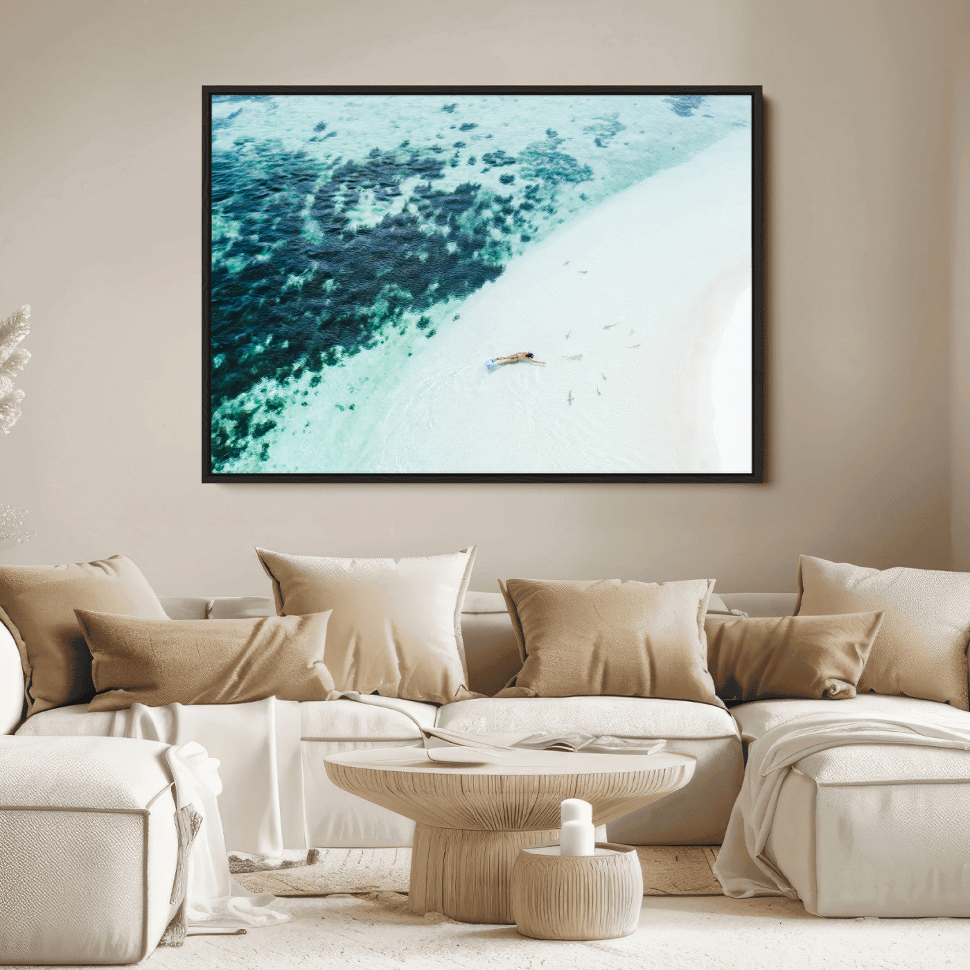 33764764-MGV-FC-36X24_Black-Minimal Beach Wall Art Canvas Print, Framed Ocean Swimming Art Picture Print, Clear Ocean Perfect Minimal Coastal Decor Artwork