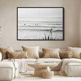33821421-MGV-FC-36X24_Black-Surfer Silhouette Wall Art Canvas Print, Framed Calm Ocean Art Picture Print, Monochrome Surf Perfect Minimalist Coastal Decor