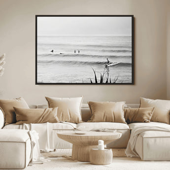33821421-MGV-FC-36X24_Black-Surfer Silhouette Wall Art Canvas Print, Framed Calm Ocean Art Picture Print, Monochrome Surf Perfect Minimalist Coastal Decor
