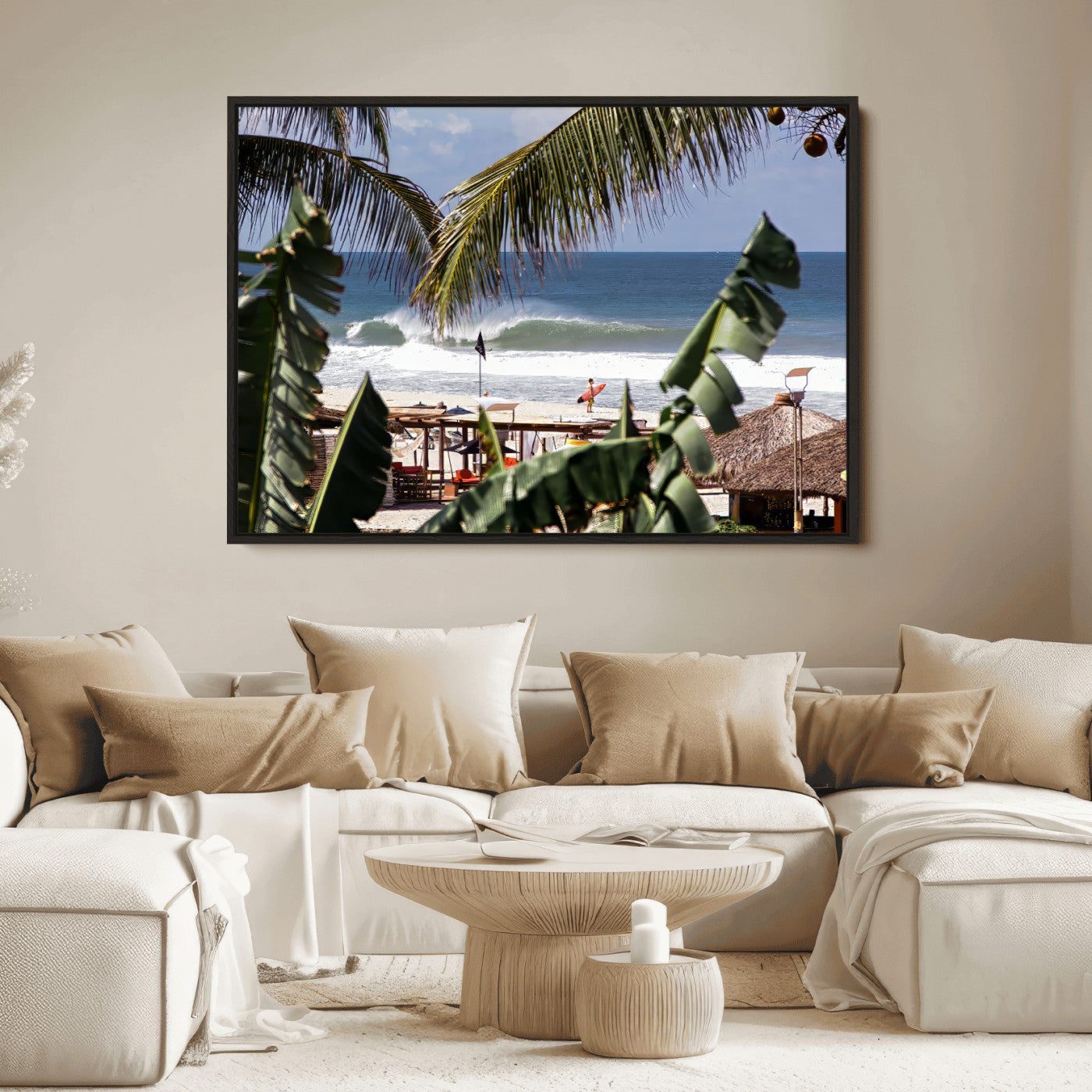 34722557-MGV-FC-36X24_Black-Tropical Shoreline Wall Art Canvas Print, Framed Surfer Beach Art Picture Print, Coastal Surf Perfect Tropical Coastal Decor