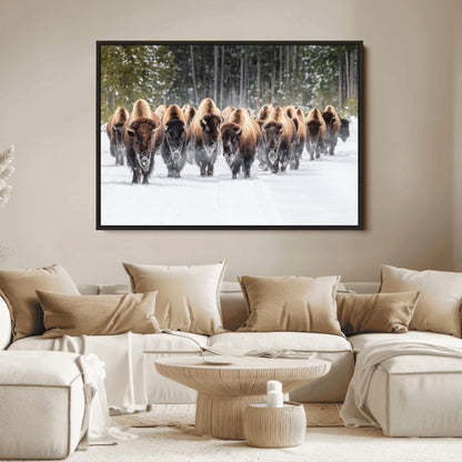 22695857-MGV-FC-36X24_Black-Bison Herd Scene Wall Art Canvas Print, Framed Western Wildlife Art Picture Print, Rustic Animal Art Perfect Rustic Lodge Decor
