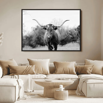 97280319-MGV-FC-36X24_Black-Longhorn Photography Wall Art Canvas Print, Framed Western Cow Decor Art Picture Print, Texas Ranch Style Perfect Rustic Farmhouse