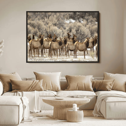 90269422-MGV-FC-36X24_Black-Elk Herd Scene Wall Art Canvas Print, Framed Rustic Wildlife Decor Art Picture Print, Western Cabin Style Perfect Rustic Lodge