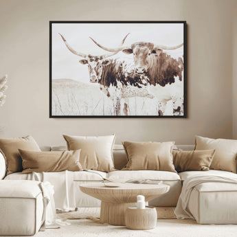 48161868-MGV-FC-36X24_Black-Longhorn Cow Decor Wall Art Canvas Print, Framed Rustic Cattle Art Picture Print, Sepia Western Vibe Perfect Neutral Rustic