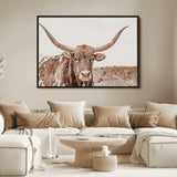 77810049-MGV-FC-36X24_Black-Longhorn Bull Photo Wall Art Canvas Print, Framed Rustic Cow Decor Art Picture Print, Neutral Farmhouse Style Perfect Rustic