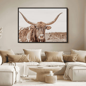 77810049-MGV-FC-36X24_Black-Longhorn Bull Photo Wall Art Canvas Print, Framed Rustic Cow Decor Art Picture Print, Neutral Farmhouse Style Perfect Rustic