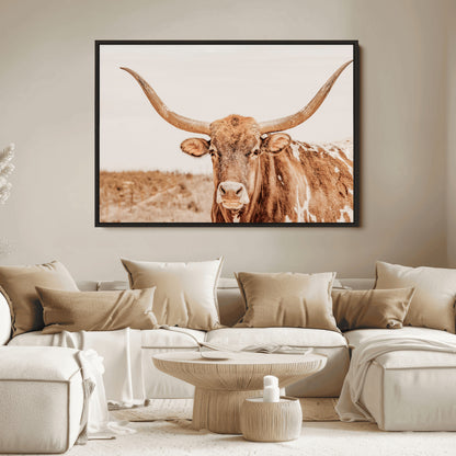 74406977-MGV-FC-36X24_Black-Longhorn Bull Decor Wall Art Canvas Print, Framed Western Cow Theme Art Picture Print, Rustic Farmhouse Wall Perfect Neutral