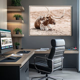 25407592-MGV-CV-36X24-Texas Longhorn Wall Art Canvas Print, Framed Resting Bull Art Picture Print, Spotted Cattle Perfect Rustic Western Decor Artwork