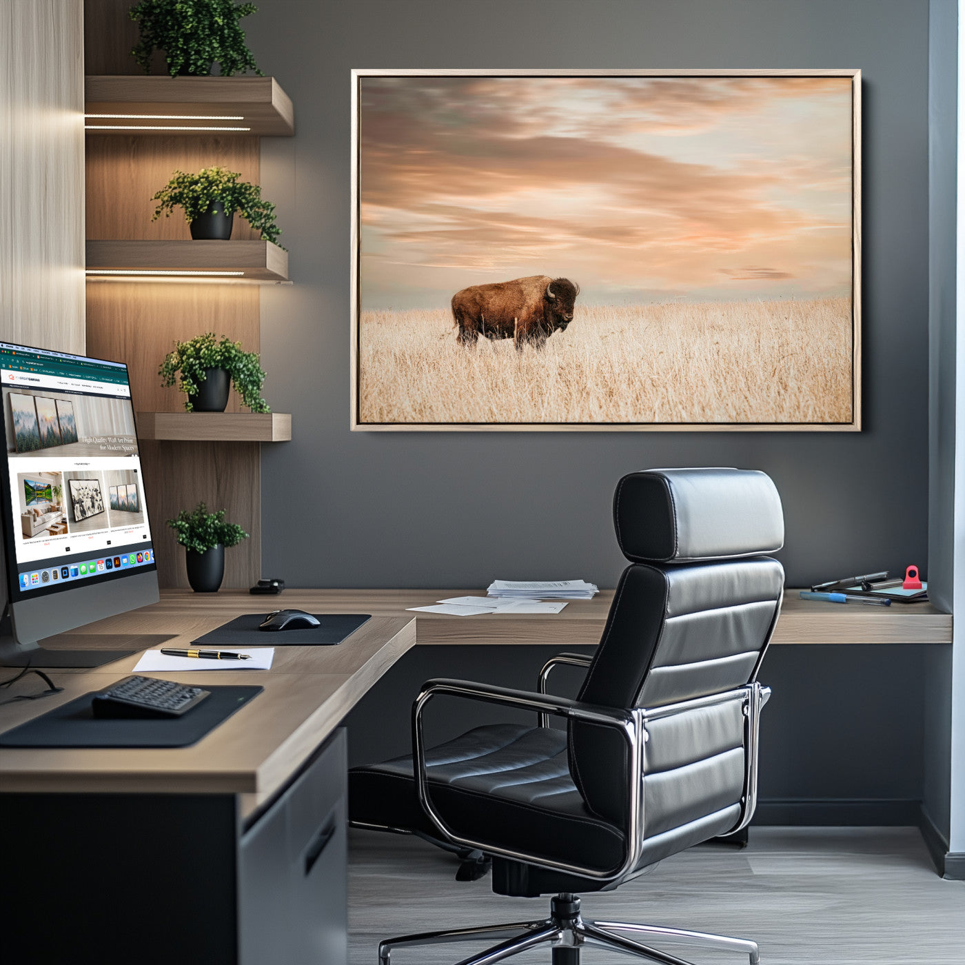 87282289-MGV-CV-36X24-Bison Wall Art Canvas Print, Framed Buffalo Art Picture Print, Western Prairie Perfect Rustic Decor Artwork