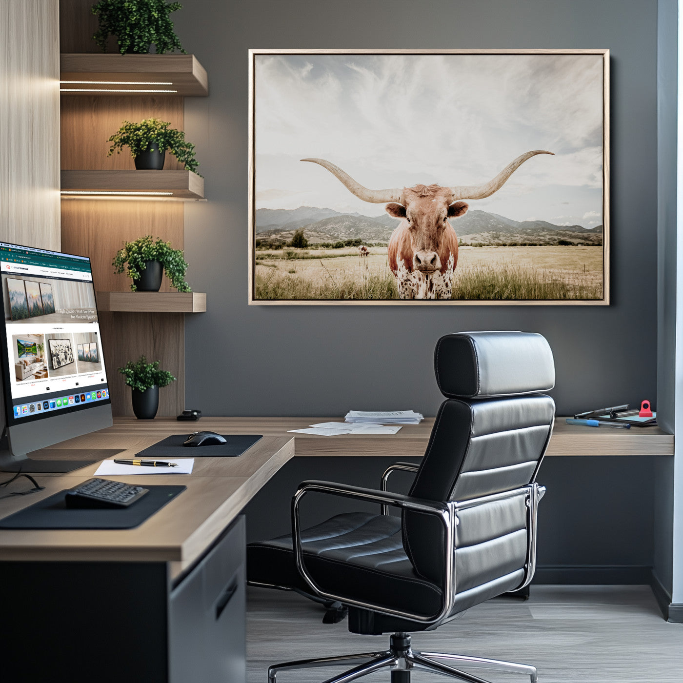 80054319-MGV-CV-36X24-Texas Longhorn Wall Art Canvas Print, Framed Western Cow Art Picture Print, Rustic Farmhouse Perfect Farmhouse Decor Artwork