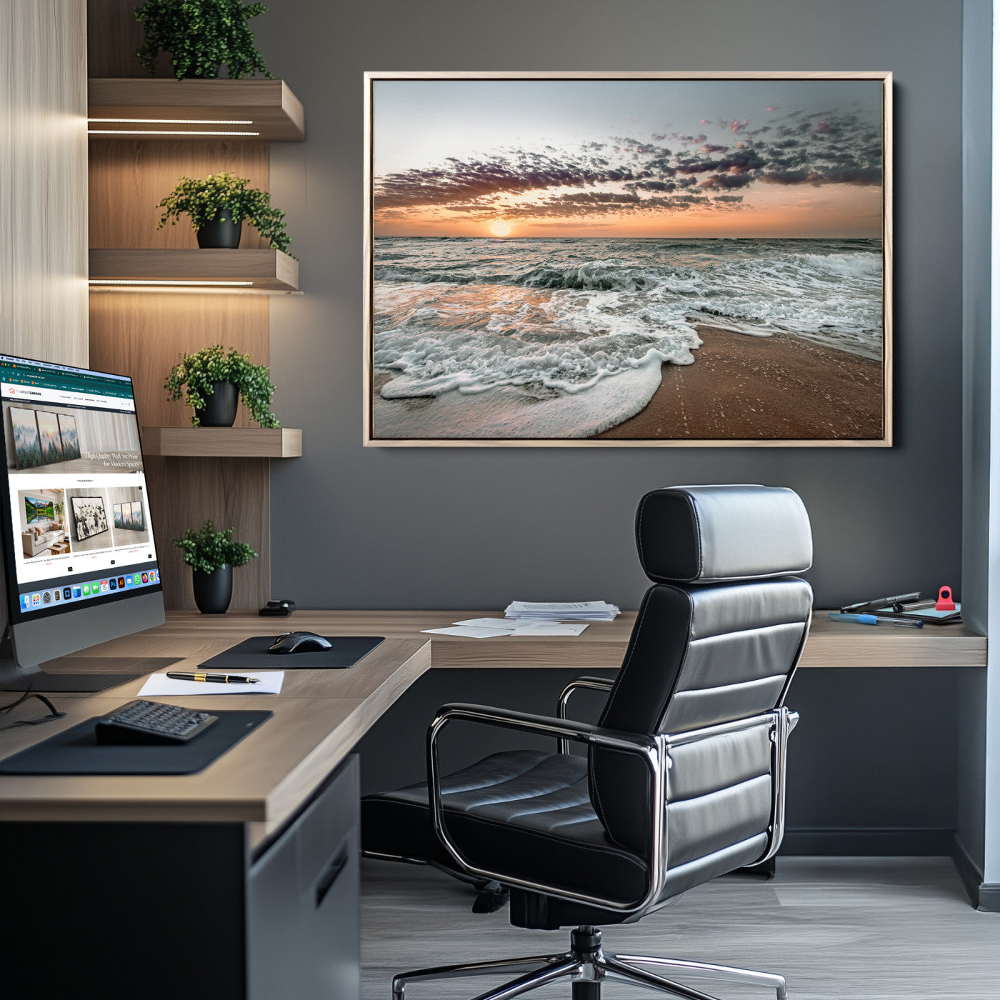 40632752-MGV-CV-36X24-Ocean Sunset Wall Art Canvas Print, Framed Beach Waves Art Picture Print, Coastal Scene Perfect Coastal Decor Artwork