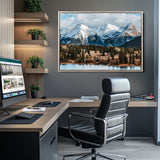 36247746-MGV-CV-36X24-Snowy Peaks Wall Art Canvas Print, Framed Alpine Lake Art Picture Print, Pine Forest Perfect Alpine Wilderness Decor Artwork