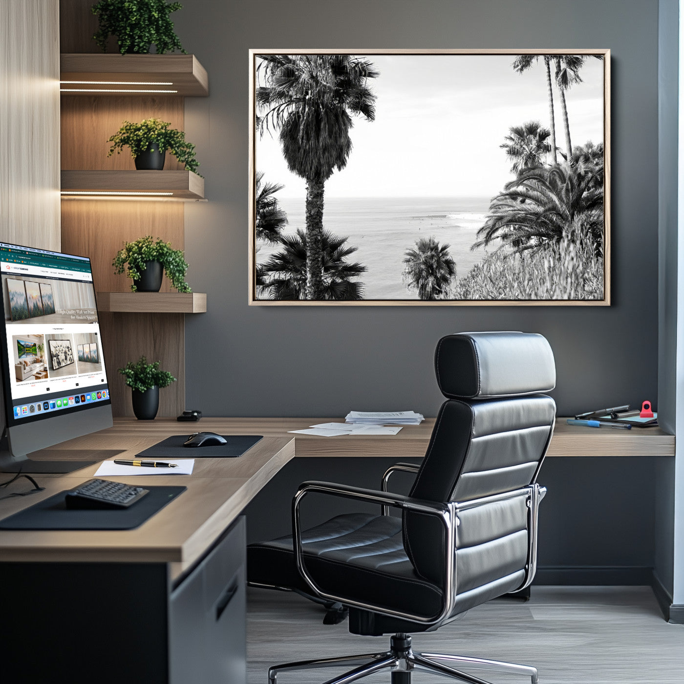 89458520-MGV-CV-36X24-Palm Trees Wall Art Canvas Print, Framed Coastal View Art Picture Print, Ocean Horizon Perfect Monochrome Coast Decor Artwork