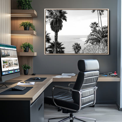 89458520-MGV-CV-36X24-Palm Trees Wall Art Canvas Print, Framed Coastal View Art Picture Print, Ocean Horizon Perfect Monochrome Coast Decor Artwork