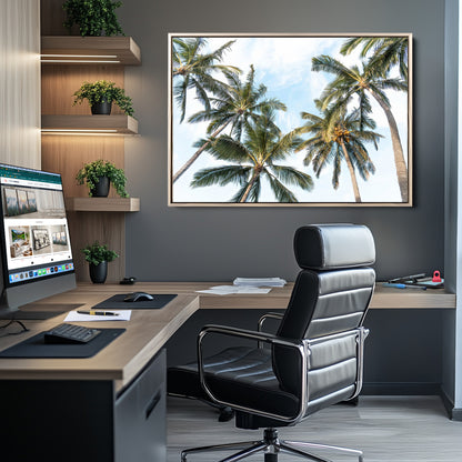 87247012-MGV-CV-36X24-Skyward Palm Trees Wall Art Canvas Print, Framed Tropical Sky Art Picture Print, Coconut Palm Perfect Tropical Skyview Decor