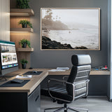 62501405-MGV-CV-36X24-Misty Beach Wall Art Canvas Print, Framed California Surfer Art Picture Print, Coastal Cliff Perfect Coastal Beach Decor Artwork