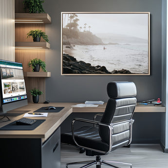 62501405-MGV-CV-36X24-Misty Beach Wall Art Canvas Print, Framed California Surfer Art Picture Print, Coastal Cliff Perfect Coastal Beach Decor Artwork