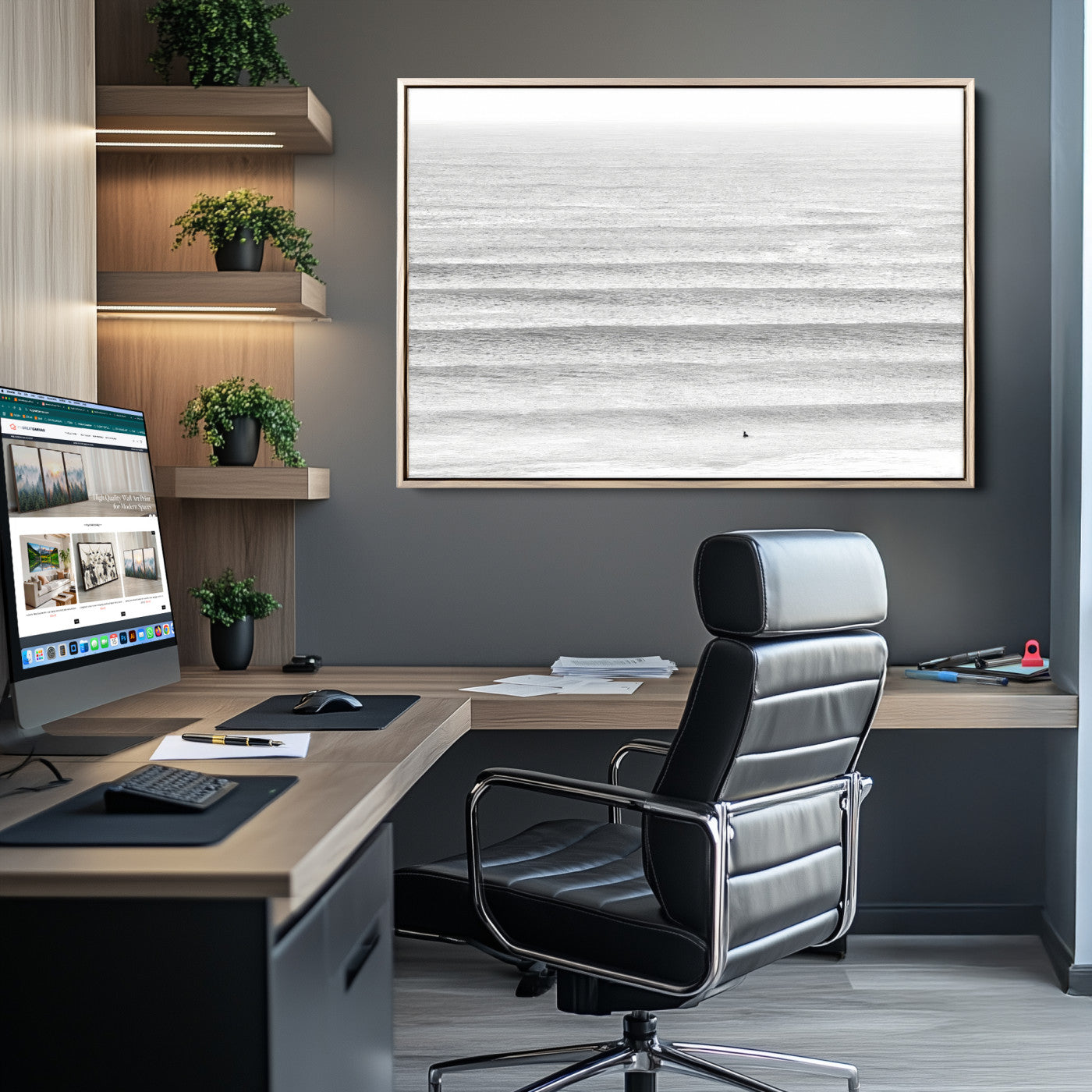 66534476-MGV-CV-36X24-Lone Surfer Wall Art Canvas Print, Framed Ocean Waves Art Picture Print, Minimal Sea Perfect Minimal Coastal Decor Artwork