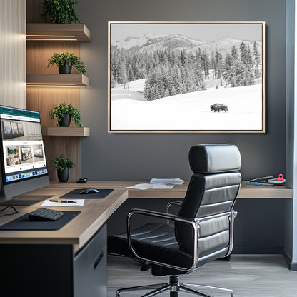 68081143-MGV-CV-36X24-Snowy Bison Wall Art Canvas Print, Framed Winter Forest Art Picture Print, Lone Bison Perfect Monochrome Winter Wild Decor Artwork