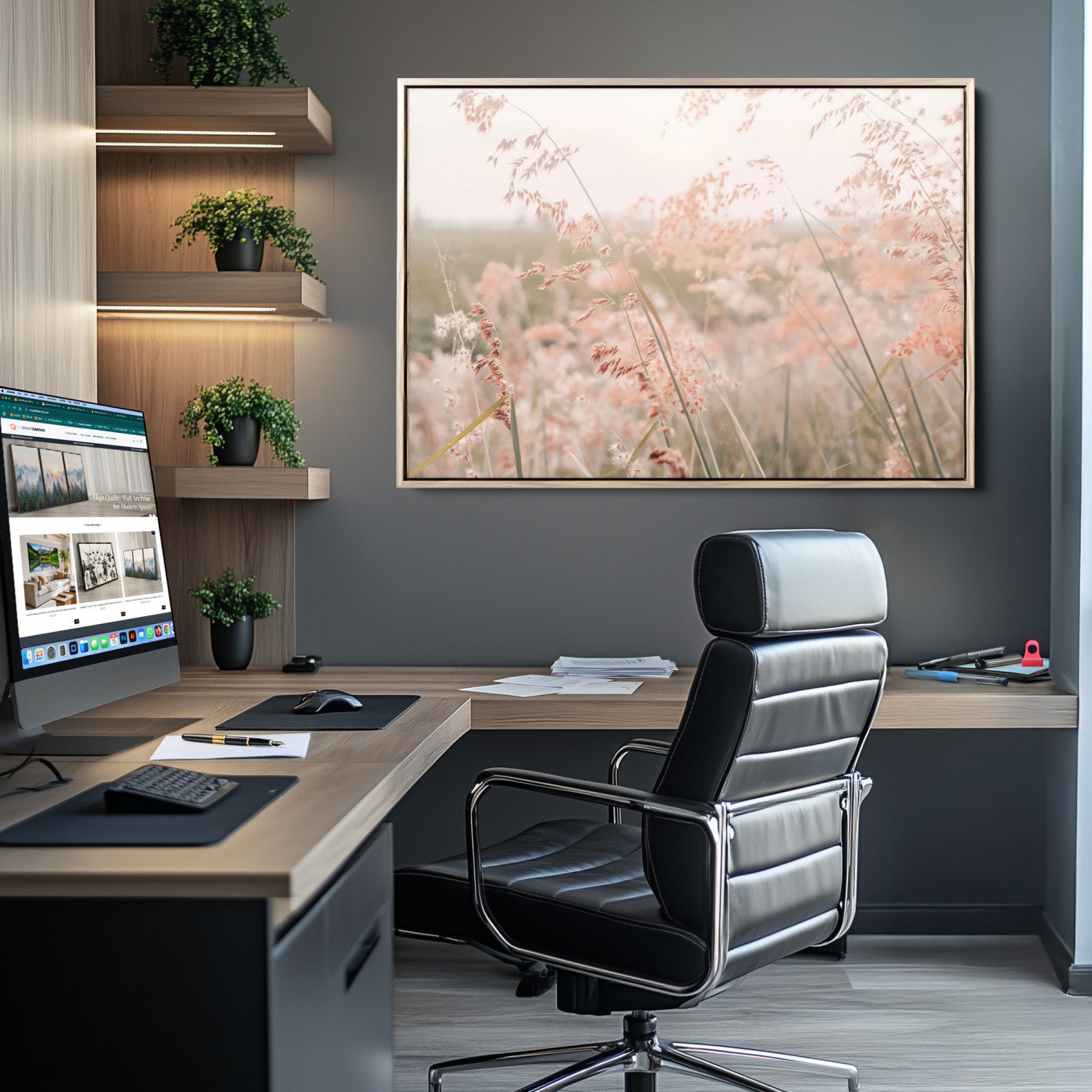 79164340-MGV-CV-36X24-Pastel Grasses Wall Art Canvas Print, Framed Soft Meadow Art Picture Print, Field in Breeze Perfect Pastel Minimal Decor Artwork