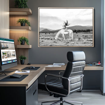 62789800-MGV-CV-36X24-White Horse Wall Art Canvas Print, Framed Woman Rider Art Picture Print, Equestrian Pose Perfect Western Boho Decor Artwork