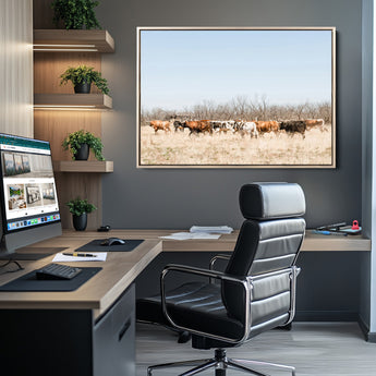 16563092-MGV-CV-36X24-Texas Longhorns Wall Art Canvas Print, Framed Western Cattles Art Picture Print, Rustic Herd Perfect Rustic Farmhouse Decor