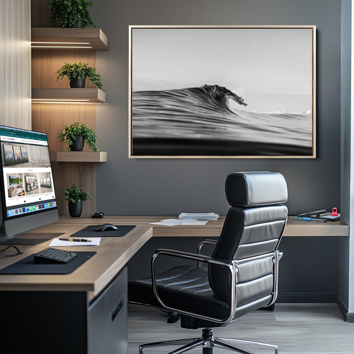 24029476-MGV-CV-36X24-Black Wave Wall Art Canvas Print, Framed Abstract Surf Art Picture Print, Minimalist Ocean Perfect Minimalist Coastal Decor