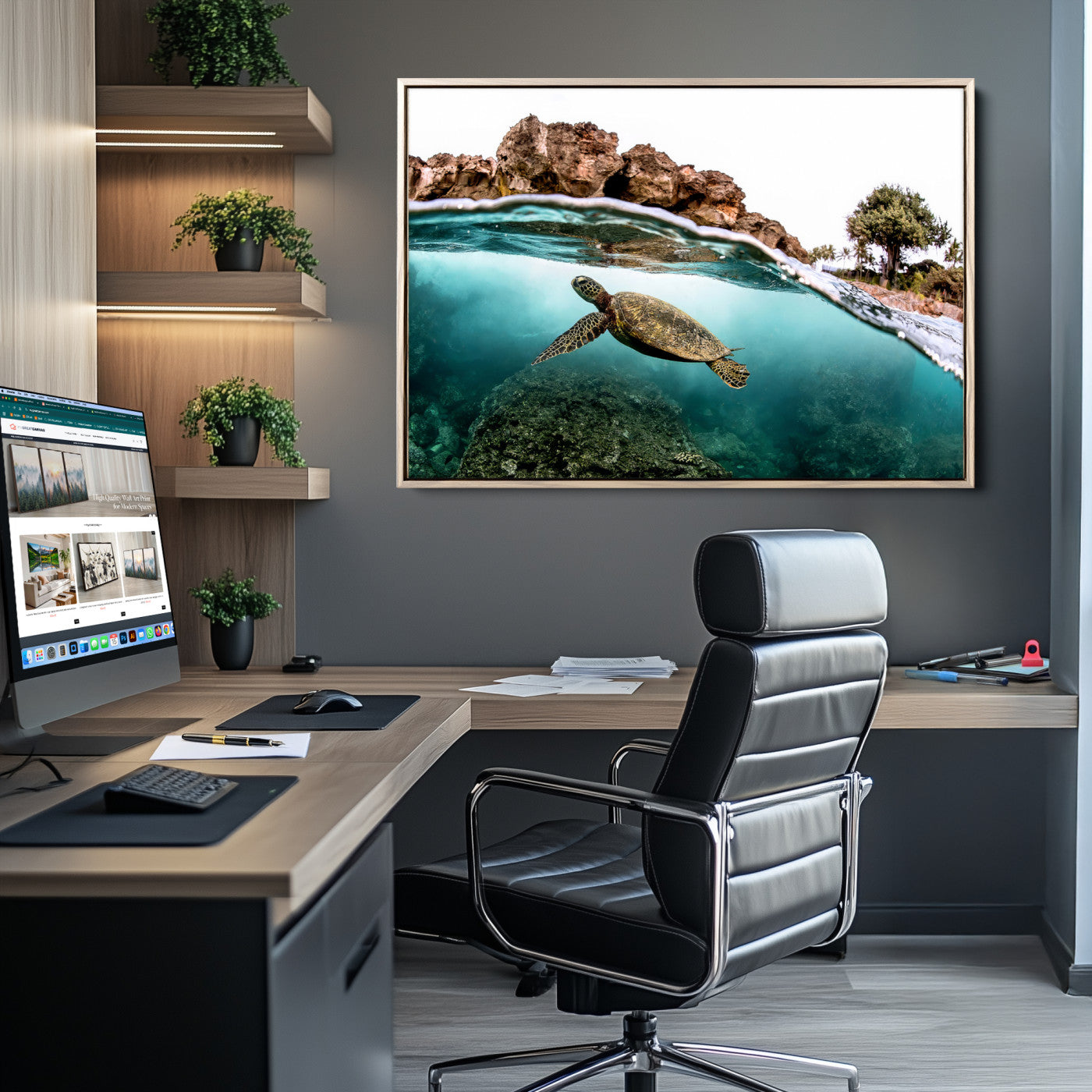 44200301-MGV-CV-36X24-Sea Turtle Swim Wall Art Canvas Print, Framed Ocean Life Art Picture Print, Tropical Shoreline Perfect Tropical Coastal Decor