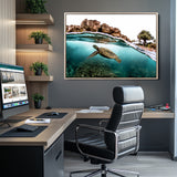 44200301-MGV-CV-36X24-Sea Turtle Swim Wall Art Canvas Print, Framed Ocean Life Art Picture Print, Tropical Shoreline Perfect Tropical Coastal Decor