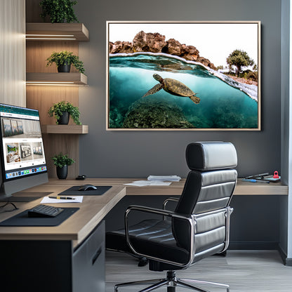 44200301-MGV-CV-36X24-Sea Turtle Swim Wall Art Canvas Print, Framed Ocean Life Art Picture Print, Tropical Shoreline Perfect Tropical Coastal Decor