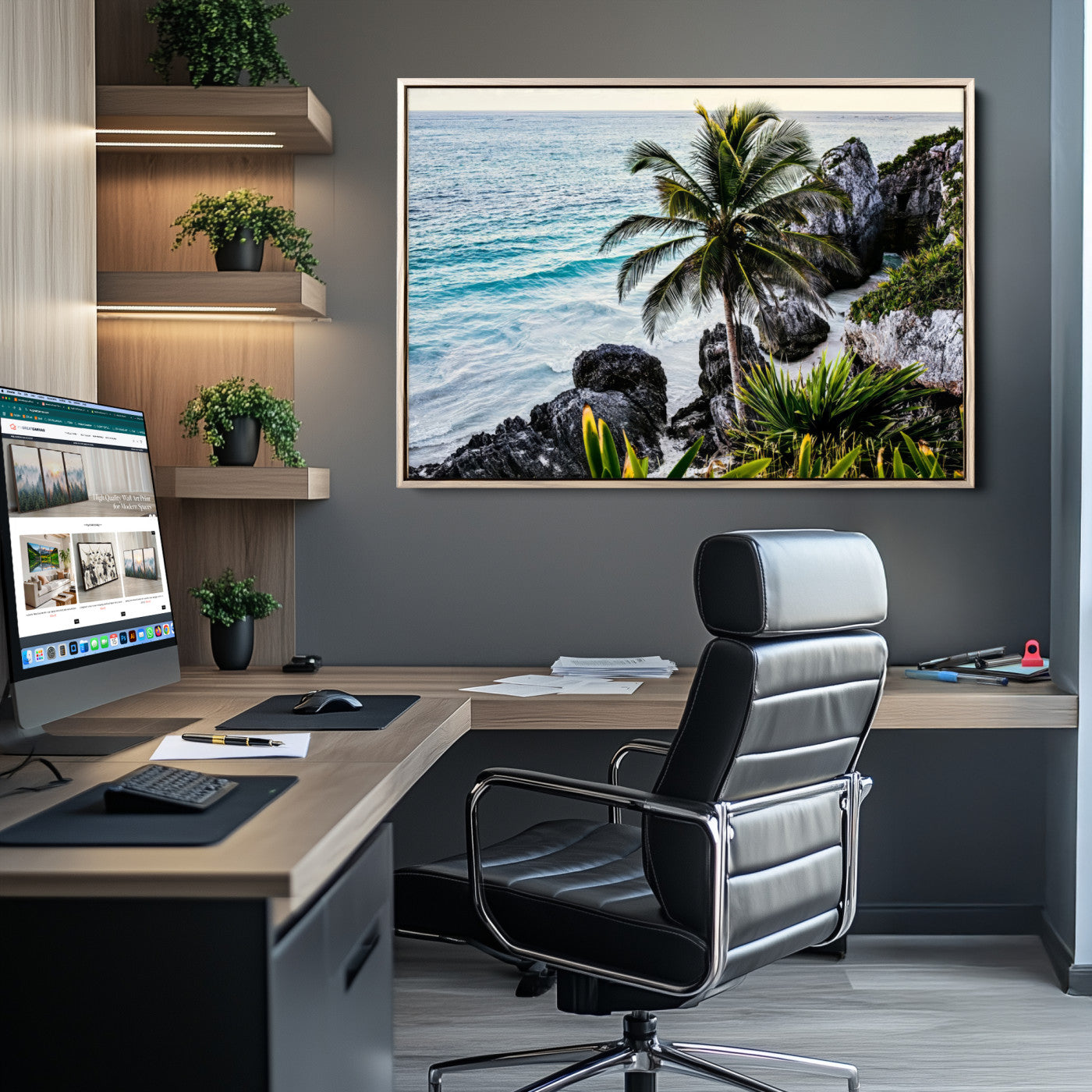 94669907-MGV-CV-36X24-Tropical Coastline Wall Art Canvas Print, Framed Palm Tree Art Picture Print, Rocky Beach Perfect Tropical Coastal Decor Artwork