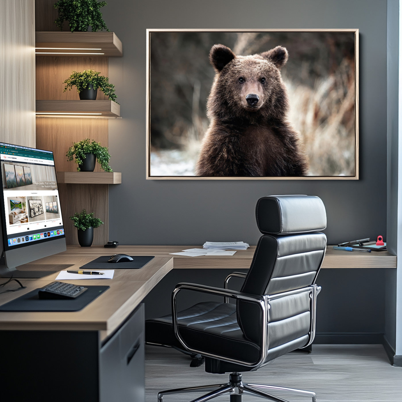 47112103-MGV-CV-36X24-Brown Bear Wall Art Canvas Print, Framed Forest Wildlife Art Picture Print, Woodland Bear Perfect Rustic Cabin Decor Artwork